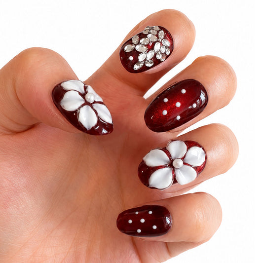 Burgundy Shimmer Oval Press On Nails, Handmade 3D White Pearl Flower, Rhinestone & White Polka Dot Glossy Fake Nails, Romantic Wedding Reusable Nail Tips