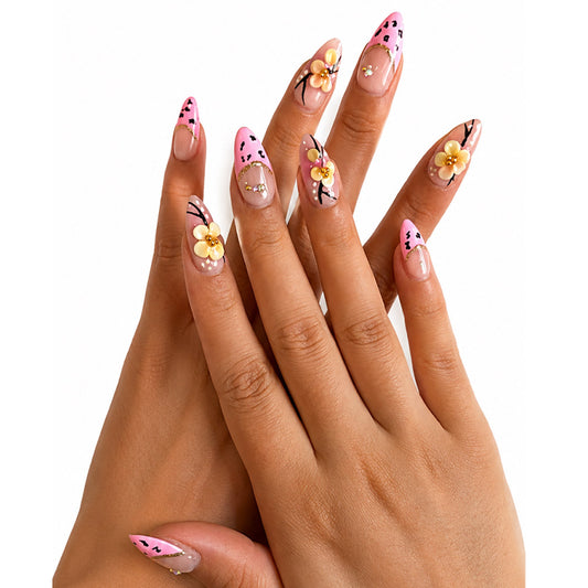 Pink Leopard Print French Almond Press On Nails, Handmade 3D Cream Flower Black Vine & Tiny Rhinestone Decor Glossy Nude Fake Nails, Cute Y2K Reusable False Nail Tips