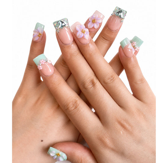 Mint Green French Duck Bill Press On Nails, Handmade 3D Purple Flower Heart Rhinestone Nude Square Fake Nails, Fresh Summer Reusable False Nail Tips