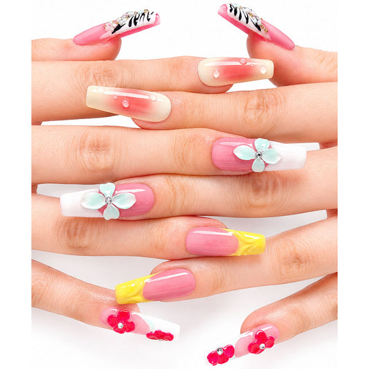 Color Block Long Square Press On Nails | Handmade 3D Multicolor Flower & Zebra Print Reusable Fake Nails