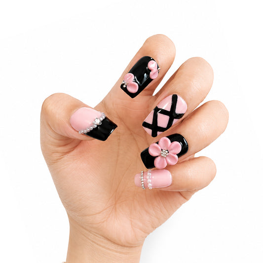 Pink Black Checkered Square Press On Nails, Handmade 3D Pink Flower & Bow Pearl Rhinestone Decor Glossy Handmade Fake Nails, Cute Y2K Reusable False Nail Tips