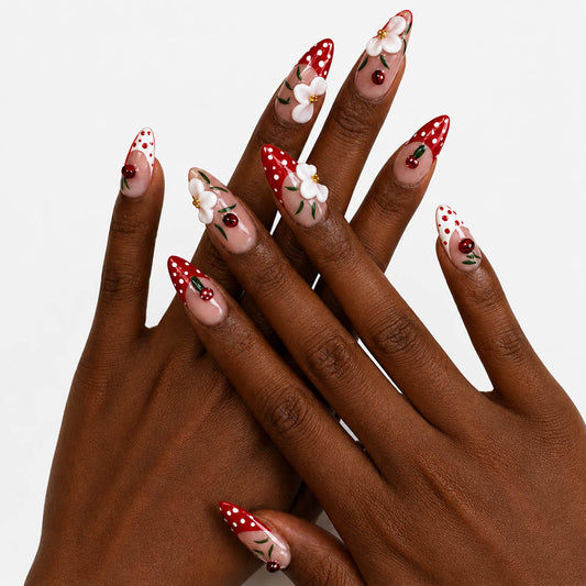 Red Polka Dot Almond Press On Nails, Handmade 3D White Flower Ladybug Mushroom Green Leaf Nude Fake Nails, Cute Sweet Summer Reusable Nail Tips