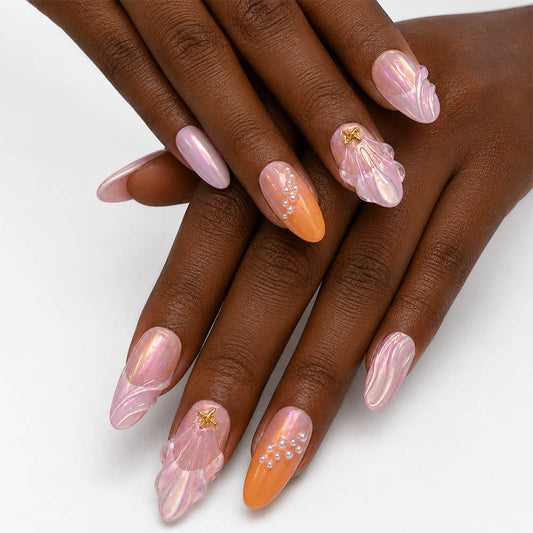 Mermaid Shell Almond Press On Nails – Handmade Iridescent Pink 3D Shell, Gold Starfish & Pearl | Orange Gradient Summer Beach Reusable Nail Tips