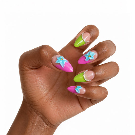 Pure handmade light purple-green gradient almond-shaped press-on false nails, 3D blue flower and steel bead decorated glossy false nails, cute Y2K reusable false nail stickers, suitable for daily summer wear