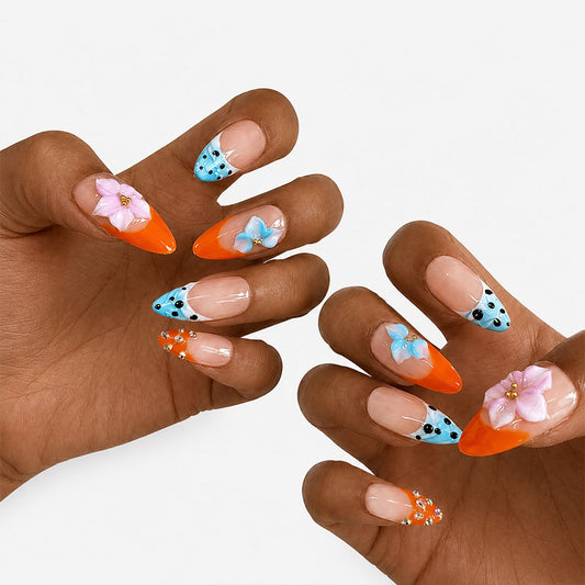 Orange Blue Color Block French Almond Press On Nails, 3D Pink Blue Flower Polka Dot Rhinestone Decor Glossy Nude Fake Nails, Summer Cute Reusable False Nail Tips