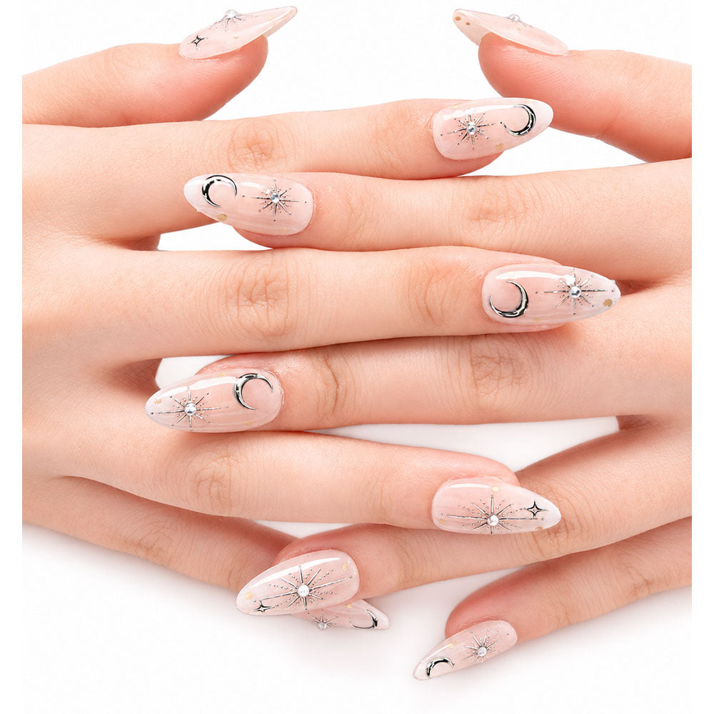 Sheer Nude Almond Press On Nails – Handmade Silver Moon & Star Rhinestone, Gold Flakes | Night Sky Bridal Reusable Nail Tips