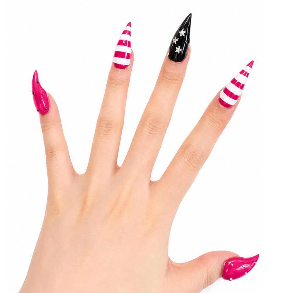 Hot Pink Striped Star Cat Claw Press On Nails, Glossy Black White Stiletto Fake Nails, Y2K Gothic Reusable False Nail Tips for Party Cosplay