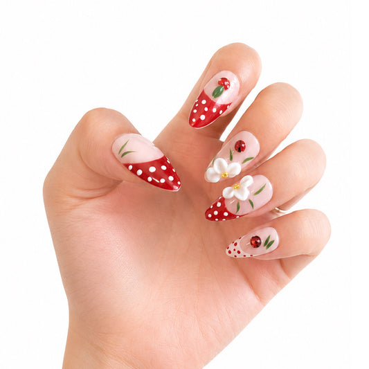 Red Polka Dot Almond Press On Nails, Handmade 3D White Flower Ladybug Mushroom Green Leaf Nude Fake Nails, Cute Sweet Summer Reusable Nail Tips