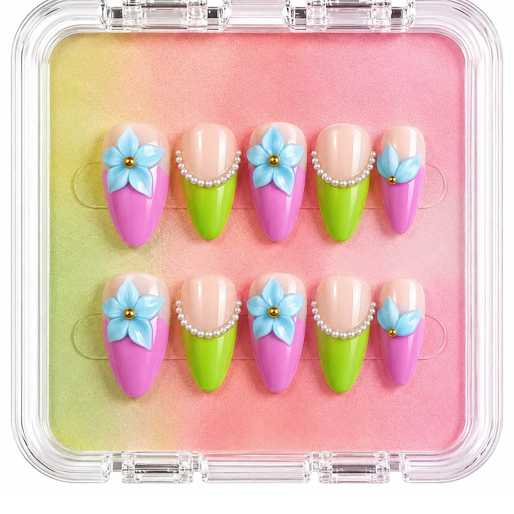 Pure handmade light purple-green gradient almond-shaped press-on false nails, 3D blue flower and steel bead decorated glossy false nails, cute Y2K reusable false nail stickers, suitable for daily summer wear
