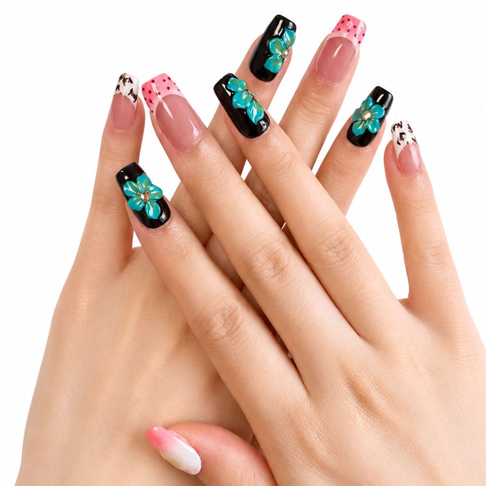 Mixed Design Square Press On Nails, Handmade 3D Turquoise Flower Cow Print Pink Polka Dot French Tip Fake Nails, Y2K Summer Reusable False Nail Tips