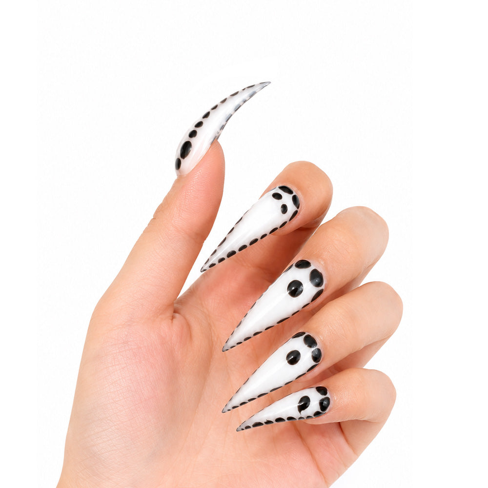 Handmad White Black Polka Dot Cat Claw Press On Nails, Glossy Long Stiletto Fake Nails, Minimalist Y2K Trendy Reusable False Nail Tips for Daily Party