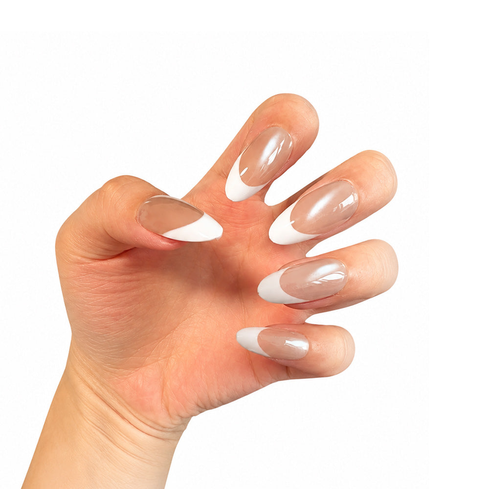 Classic cat-eye French tip almond press-on nails, medium-long nude transparent glossy minimalist nails, available in multiple colors, reusable for everyday elegant nails,30 pieces One size