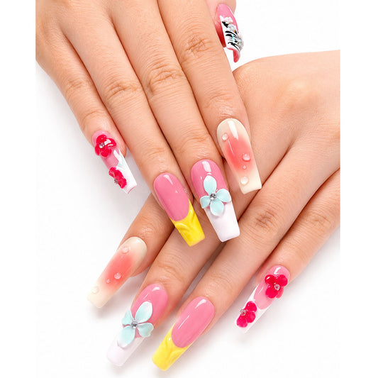 Color Block Long Square Press On Nails | Handmade 3D Multicolor Flower & Zebra Print Reusable Fake Nails
