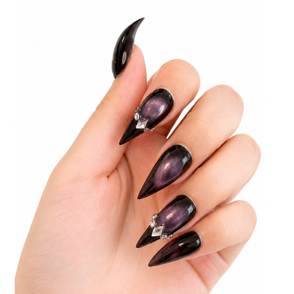 Black Pink Cat Eye Cat Claw Press On Nails, Glossy Gradient Stiletto Fake Nails with Silver Rhinestone Charms, Gothic Dark Y2K Reusable Nail Tips for Club Party