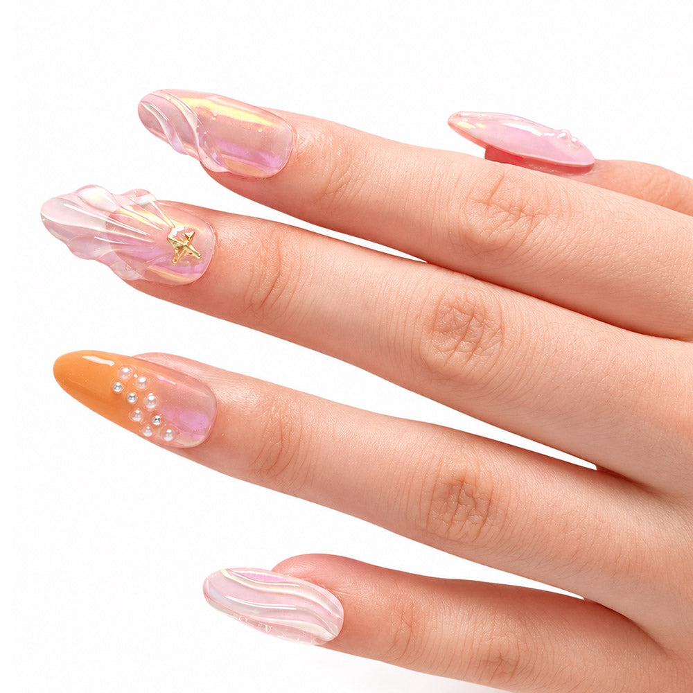 Mermaid Shell Almond Press On Nails – Handmade Iridescent Pink 3D Shell, Gold Starfish & Pearl | Orange Gradient Summer Beach Reusable Nail Tips