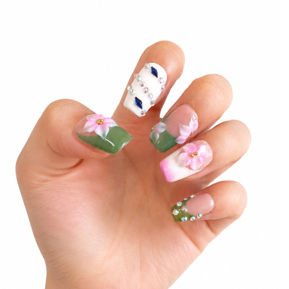 Green White French Square Press On Nails, Handmade 3D Pink Cherry Blossom AB Rhinestone Glossy Nude Fake Nails, Fresh Spring Reusable Nail Tips for Wedding Daily
