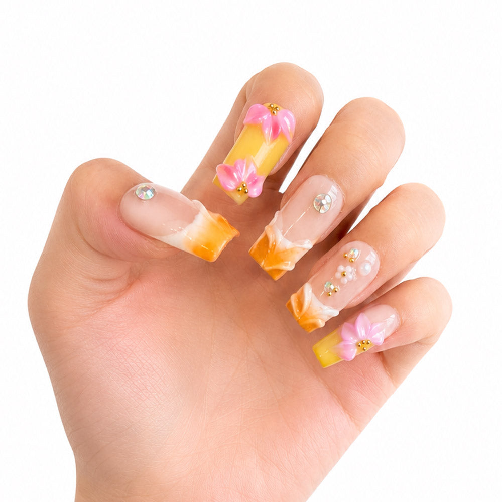 Yellow Orange Gradient French Square Press On Nails, Handmade 3D Pink Flower Crystal Rhinestone Nude Fake Nails, Sweet Summer Reusable Nail Tips for Daily Date