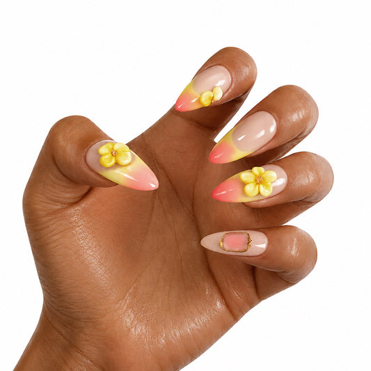 Handmade 3D Yellow Flower Gradient Almond Press On Nails,Sunset Pink Orange Ombre Glossy Fake Nails, Reusable Luxury False Nail Tips for Women Daily Party Wear