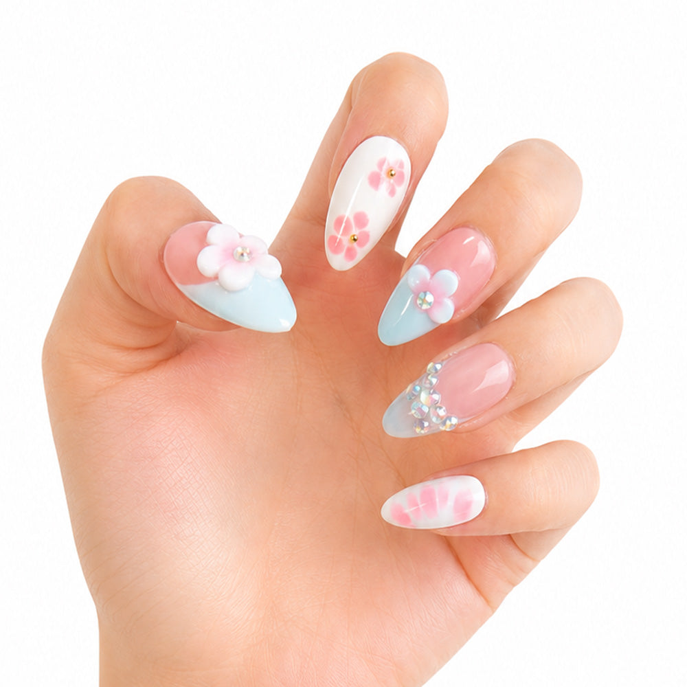 Pastel Light Blue French Almond Press On Nails, Handmade 3D Pink Sakura Flower Crystal Rhinestone White Watercolor Floral Nude Fake Nails, Soft Spring Bridal Reusable Nail Tips