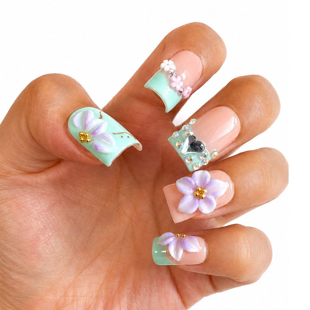 Mint Green French Duck Bill Press On Nails, Handmade 3D Purple Flower Heart Rhinestone Nude Square Fake Nails, Fresh Summer Reusable False Nail Tips