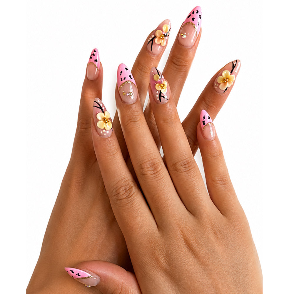 Pink Leopard Print French Almond Press On Nails, Handmade 3D Cream Flower Black Vine & Tiny Rhinestone Decor Glossy Nude Fake Nails, Cute Y2K Reusable False Nail Tips