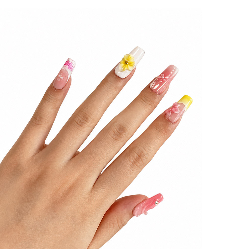Handmade Pink Nude Gradient Square Press On Nails, 3D Yellow & Pink Flower Rhinestone Decor Glossy Fake Nails, Sweet Floral Reusable False Nail Tips for Daily Wedding