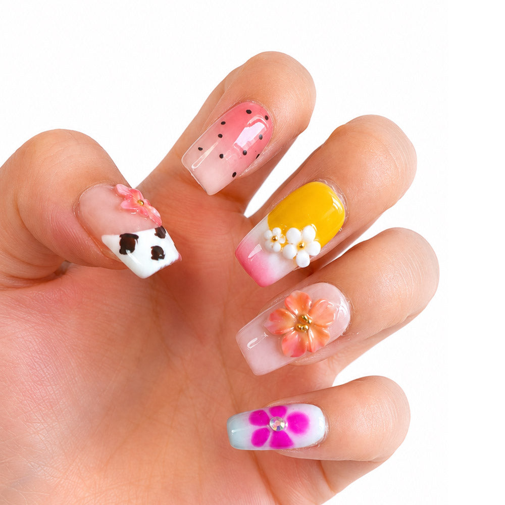 Cute Pastel Square Press On Nails, Handmade 3D Colorful Flower Cow Print Pink Gradient Summer Fake Nails, Sweet Reusable False Nail Tips for Daily Vacation