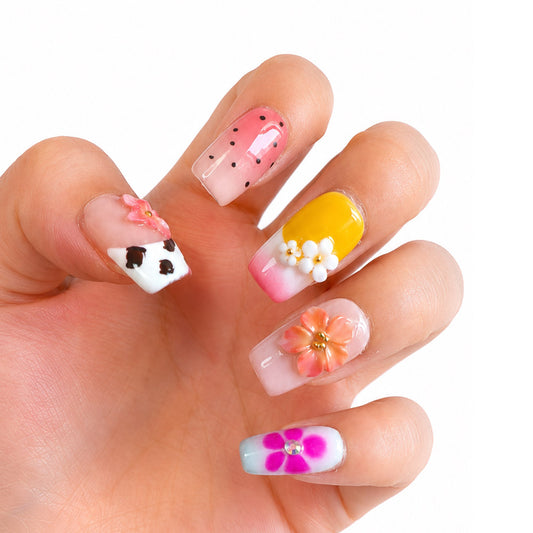 Cute Pastel Square Press On Nails, Handmade 3D Colorful Flower Cow Print Pink Gradient Summer Fake Nails, Sweet Reusable False Nail Tips for Daily Vacation
