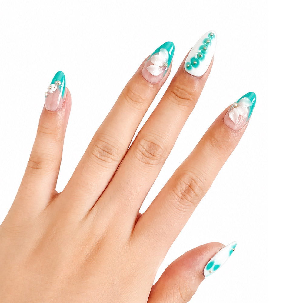 Turquoise White French Almond Press On Nails, Handmade 3D White Flower Pearl Gold Bead Glossy Sheer Nude Fake Nails, Fresh Summer Reusable False Nail Tips for Vacation Daily Manicure