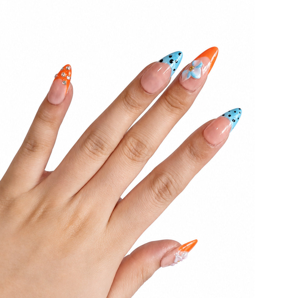 Orange Blue Color Block French Almond Press On Nails, 3D Pink Blue Flower Polka Dot Rhinestone Decor Glossy Nude Fake Nails, Summer Cute Reusable False Nail Tips
