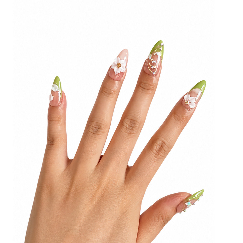 Fresh Green French Tip Almond Press On Nails, Handmade 3D White Flower & Curved Rhinestone Decor Glossy Nude Fake Nails, Spring Elegant Reusable False Nail Tips