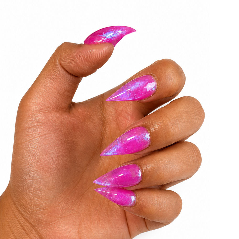 Hot Pink Iridescent Glitter Cat Claw Press On Nails, Glossy Transparent Mermaid Foil Long Stiletto Fake Nails, Y2K Sparkly Reusable Nail Tips for Party Club