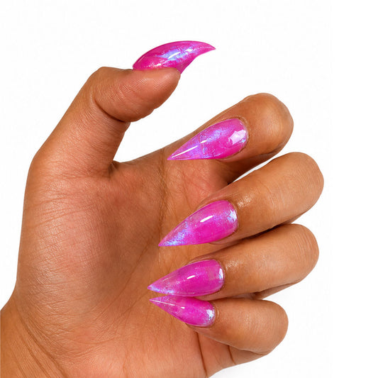 Hot Pink Iridescent Glitter Cat Claw Press On Nails, Glossy Transparent Mermaid Foil Long Stiletto Fake Nails, Y2K Sparkly Reusable Nail Tips for Party Club
