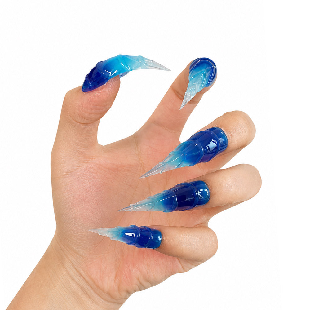 Gradient Blue Dragon Claw Press On Nails, Extra Long 3D Scaled Dragon Talon Fake Nails, Gothic Cosplay Reusable Costume False Nail Tips for Halloween Party