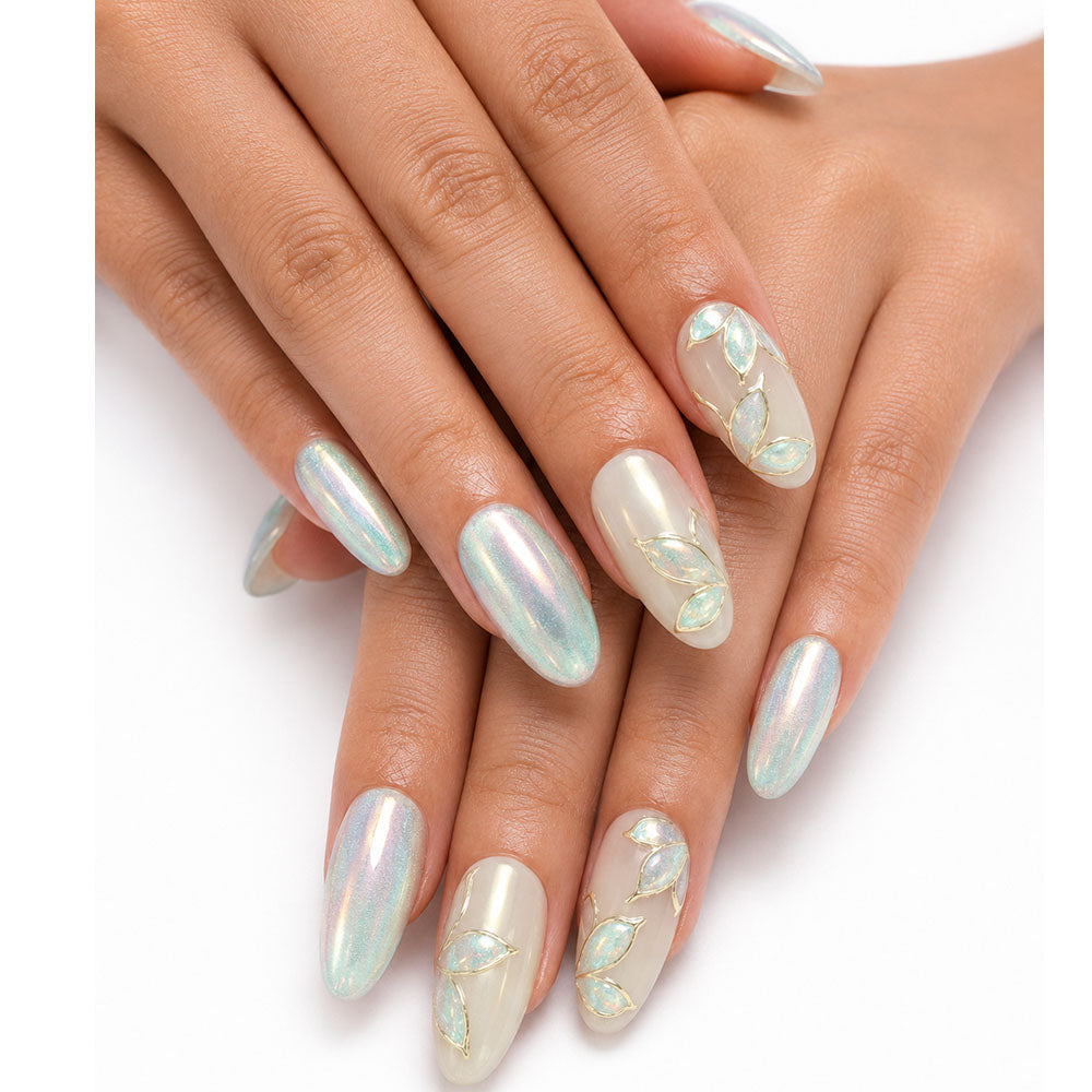 Mint Aurora Cat Eye Almond Press On Nails – Handmade Gold Wire, Mermaid Foil & Iridescent Leaf | Minimal Elegant Bridal Reusable Nail Tips