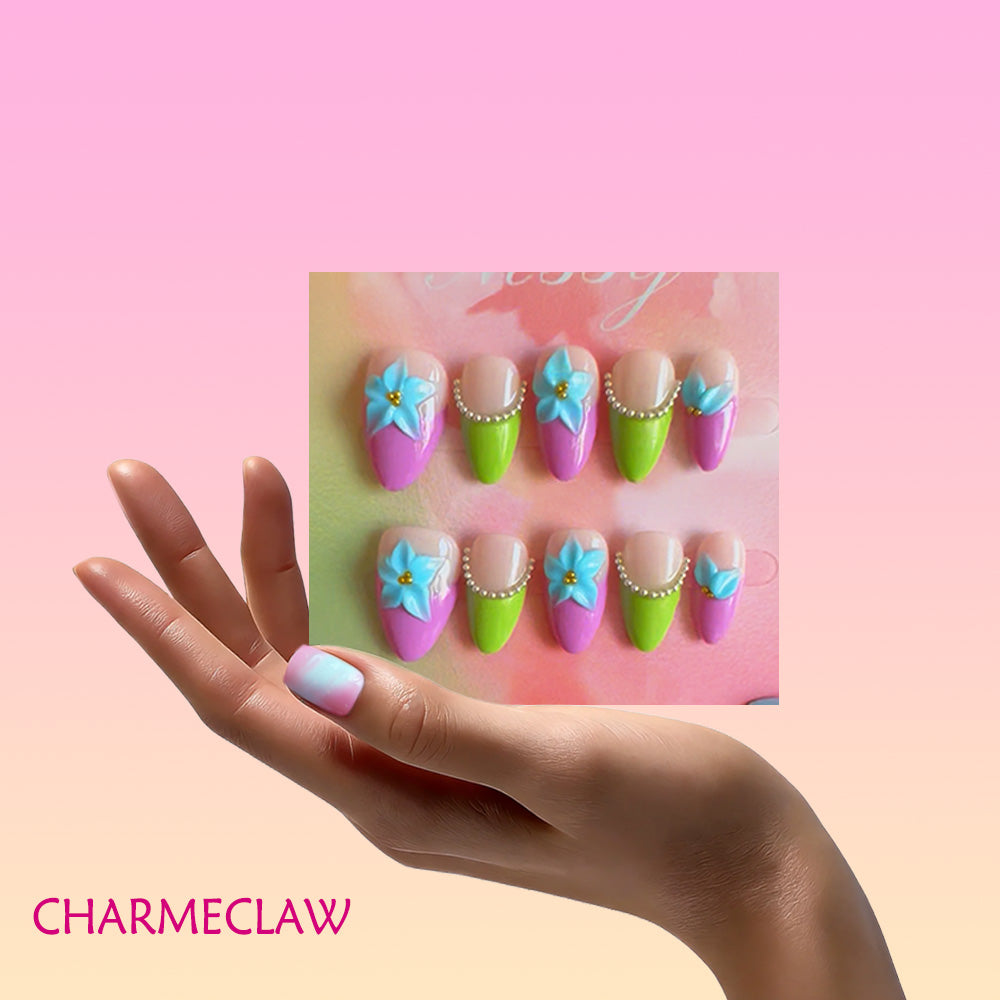 Pure handmade light purple-green gradient almond-shaped press-on false nails, 3D blue flower and steel bead decorated glossy false nails, cute Y2K reusable false nail stickers, suitable for daily summer wear