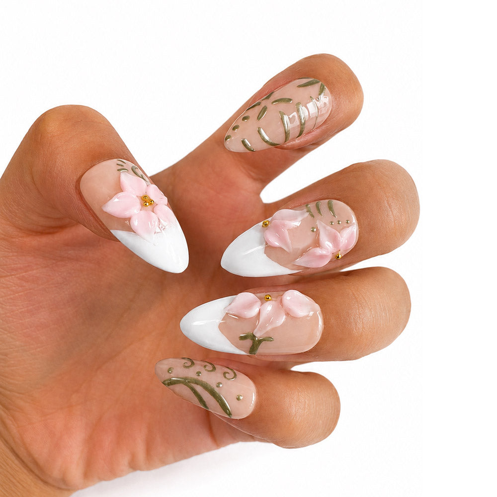 Sheer Nude White French Almond Press On Nails, Handmade 3D Pink Cherry Blossom Green Leaf Gold Bead Spring Fake Nails, Gentle Wedding Reusable Nail Tips