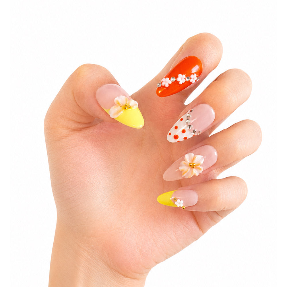 Orange Yellow Color Block Almond Press On Nails, Handmade 3D Cream Flower Red Polka Dot Silver Rhinestone Nude Fake Nails, Cute Summer Reusable False Nail Tips