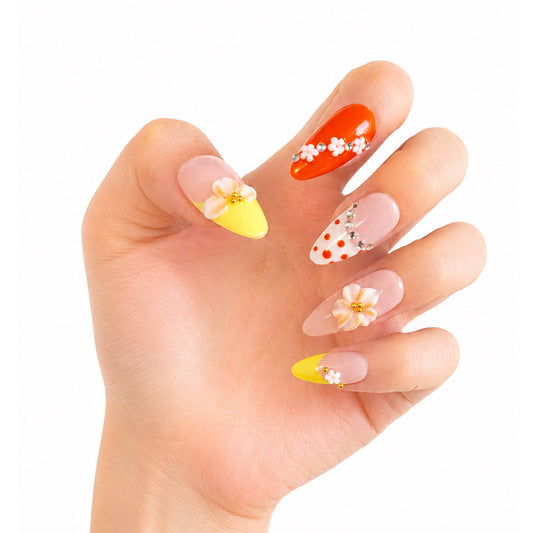 Orange Yellow Color Block Almond Press On Nails, Handmade 3D Cream Flower Red Polka Dot Silver Rhinestone Nude Fake Nails, Cute Summer Reusable False Nail Tips