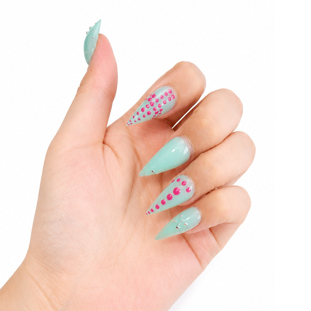 Handmade Mint Green Long Almond Cat Claw Press On Nails, Glossy Solid Fake Nails with Hot Pink Polka Dots & Tiny Silver Metal Studs, Y2K Summer Reusable False Nail Tips for Party Manicure