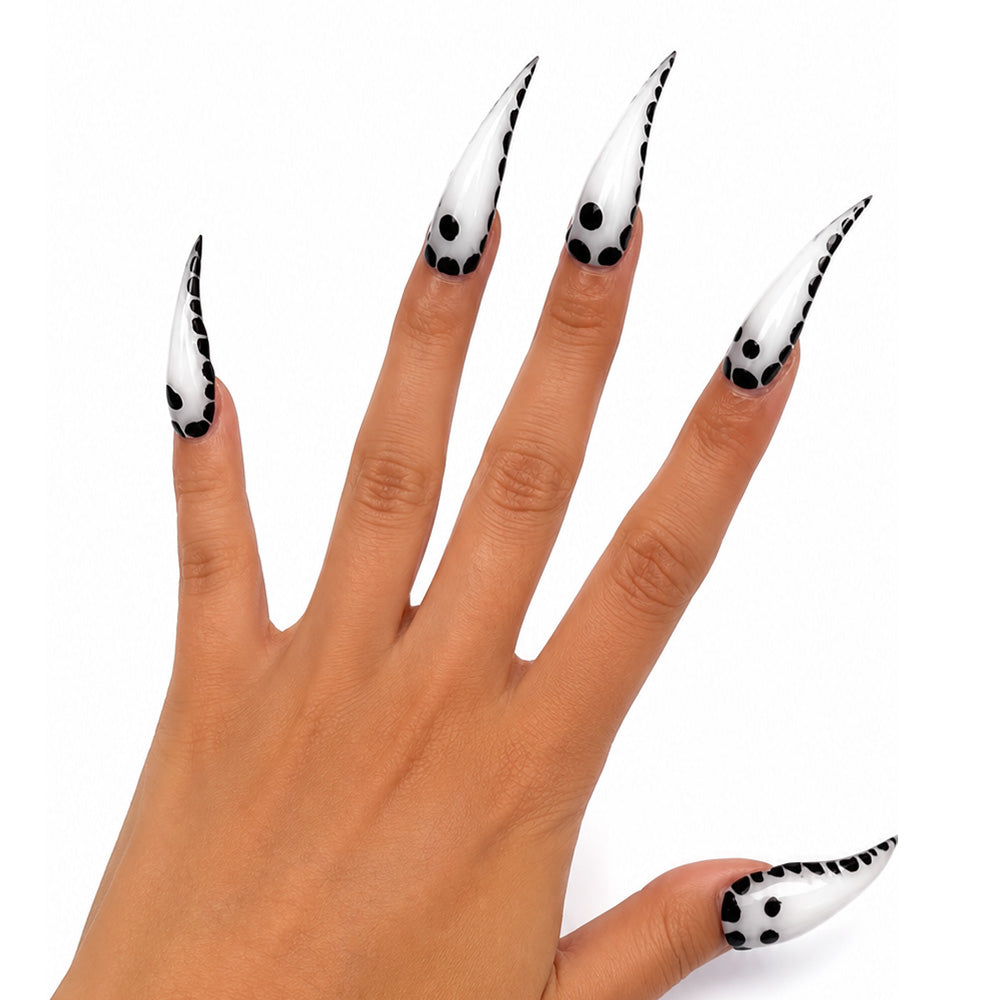 Handmad White Black Polka Dot Cat Claw Press On Nails, Glossy Long Stiletto Fake Nails, Minimalist Y2K Trendy Reusable False Nail Tips for Daily Party