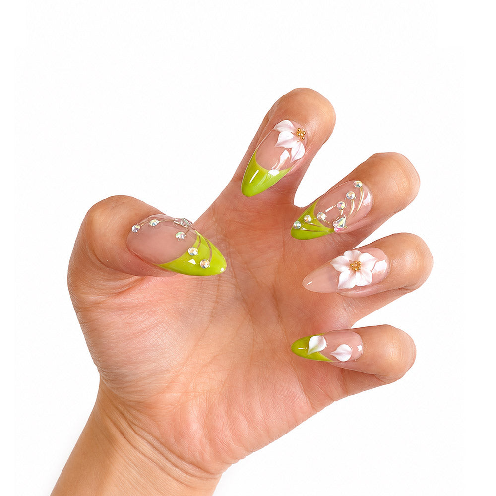 Fresh Green French Tip Almond Press On Nails, Handmade 3D White Flower & Curved Rhinestone Decor Glossy Nude Fake Nails, Spring Elegant Reusable False Nail Tips