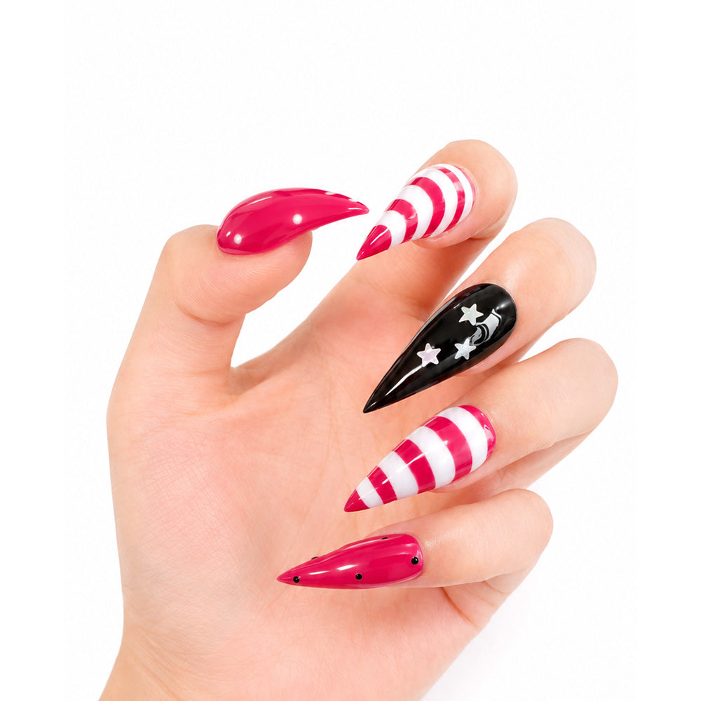 Hot Pink Striped Star Cat Claw Press On Nails, Glossy Black White Stiletto Fake Nails, Y2K Gothic Reusable False Nail Tips for Party Cosplay