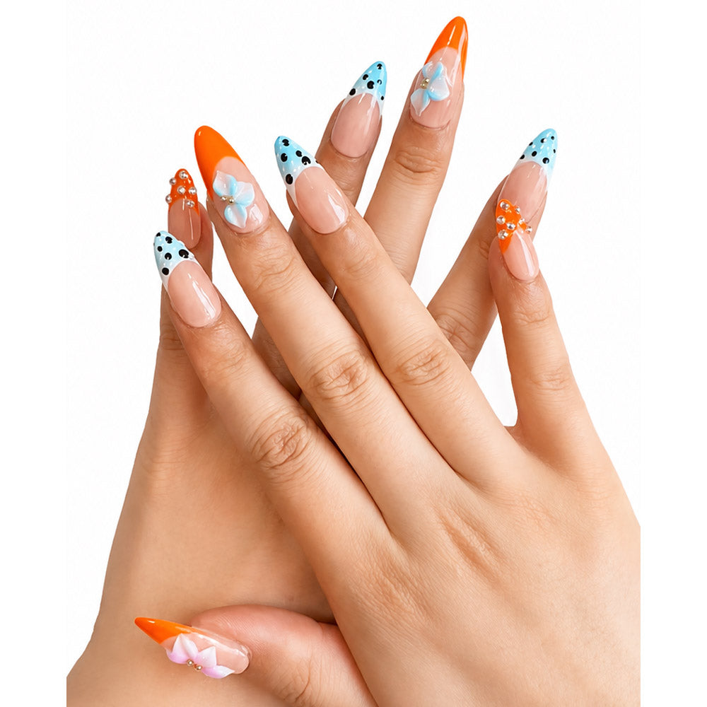 Orange Blue Color Block French Almond Press On Nails, 3D Pink Blue Flower Polka Dot Rhinestone Decor Glossy Nude Fake Nails, Summer Cute Reusable False Nail Tips