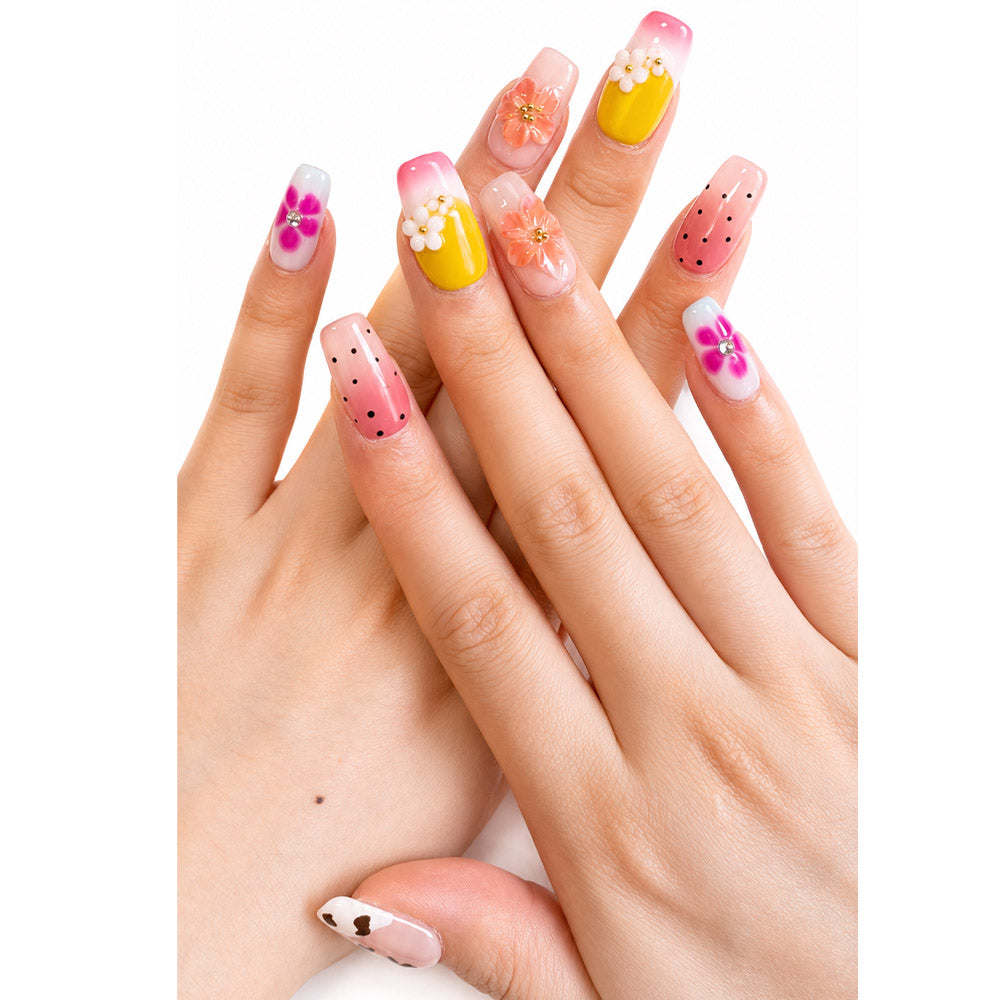 Cute Pastel Square Press On Nails, Handmade 3D Colorful Flower Cow Print Pink Gradient Summer Fake Nails, Sweet Reusable False Nail Tips for Daily Vacation