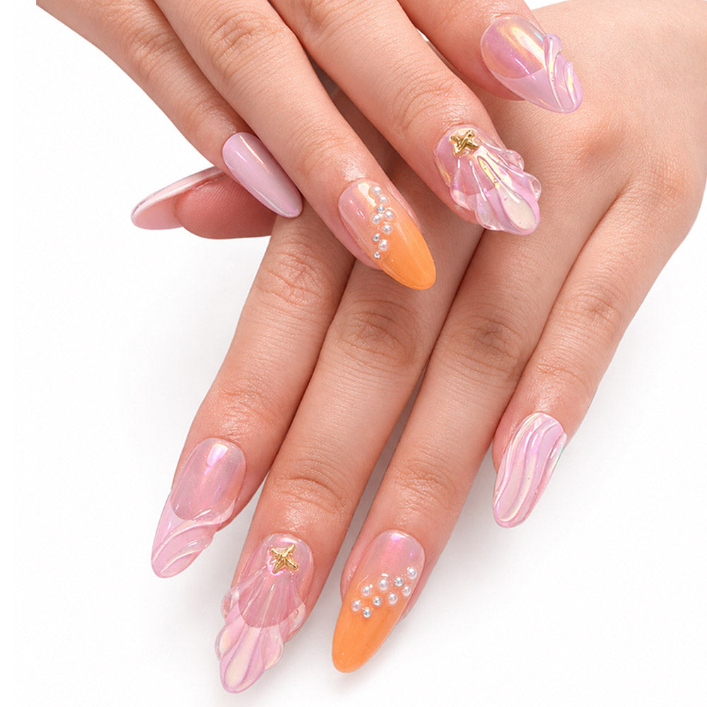 Mermaid Shell Almond Press On Nails – Handmade Iridescent Pink 3D Shell, Gold Starfish & Pearl | Orange Gradient Summer Beach Reusable Nail Tips