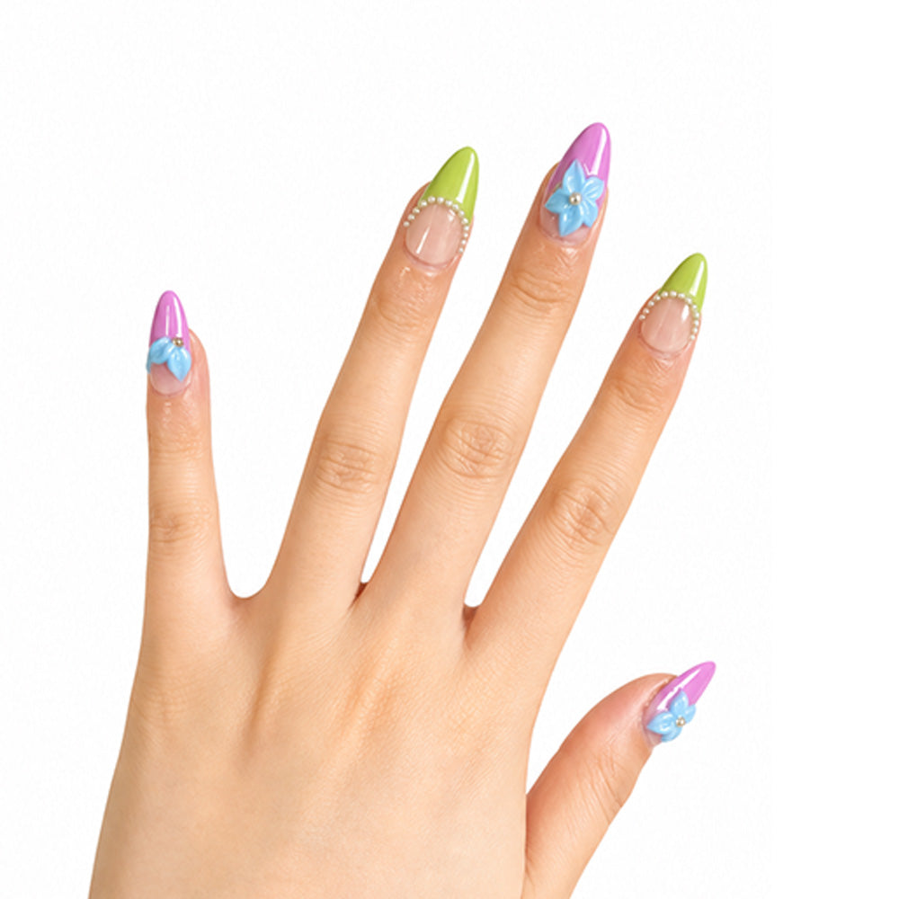 Pure handmade light purple-green gradient almond-shaped press-on false nails, 3D blue flower and steel bead decorated glossy false nails, cute Y2K reusable false nail stickers, suitable for daily summer wear