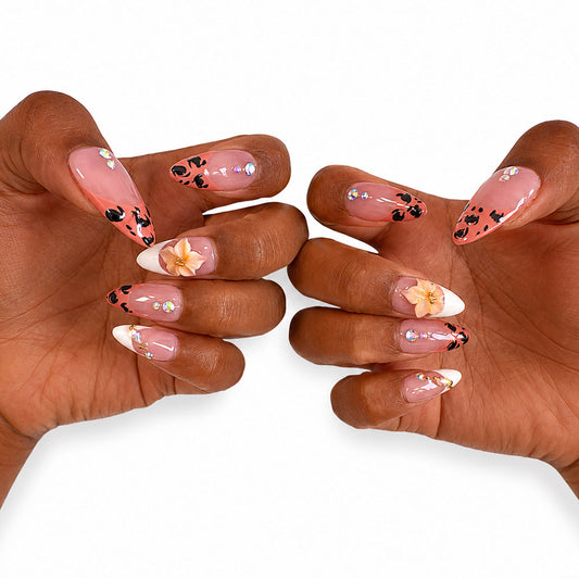 Handmade pink and orange leopard print French almond press-on false nails, decorated with 3D flowers and rainbow rhinestones, glossy nude false nails, summer fashion Y2K reusable false nail tips