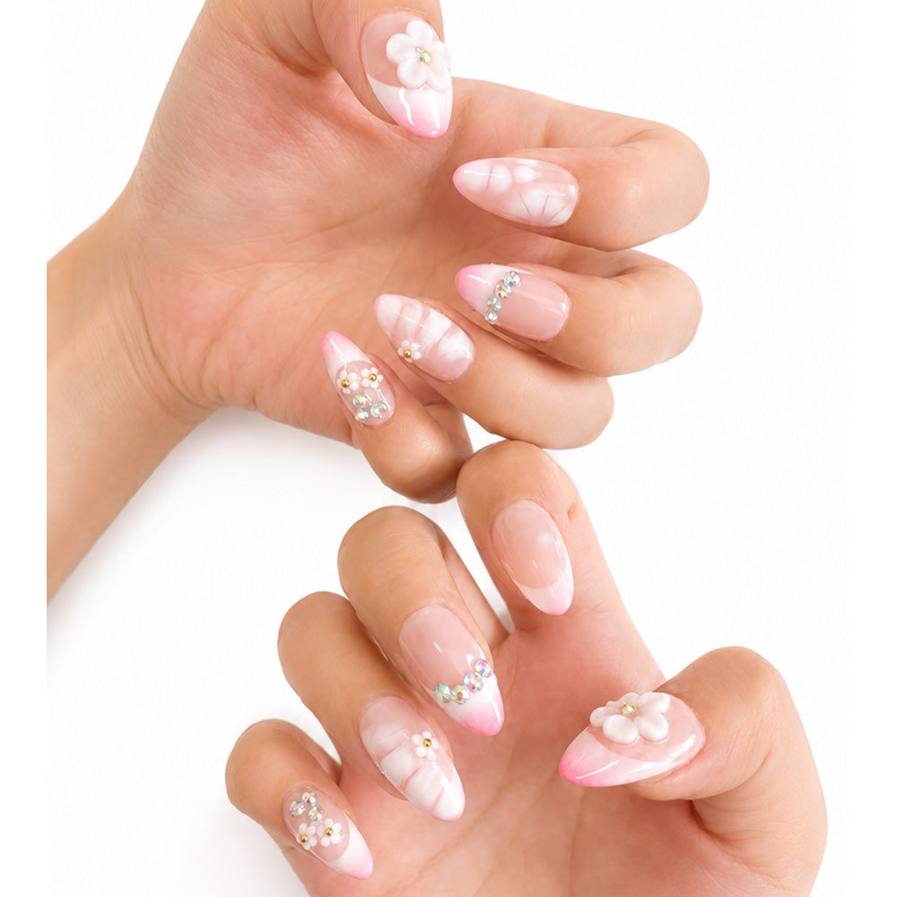 Pink Watercolor Cloud Almond Press On Nails, Handmade Mini White 3D Flower AB Rhinestone Gradient Nude Fake Nails, Gentle Wedding Daily Reusable Nail Tips