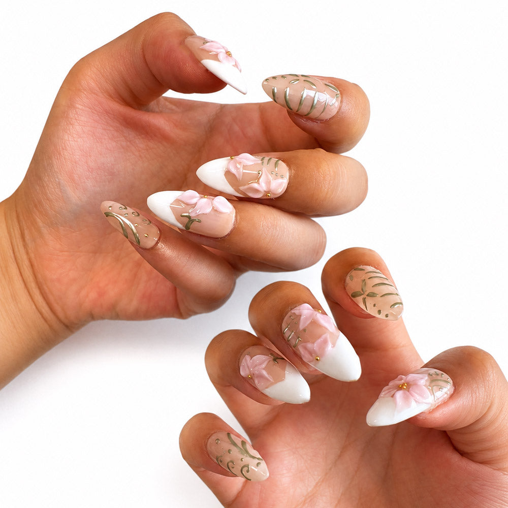 Sheer Nude White French Almond Press On Nails, Handmade 3D Pink Cherry Blossom Green Leaf Gold Bead Spring Fake Nails, Gentle Wedding Reusable Nail Tips